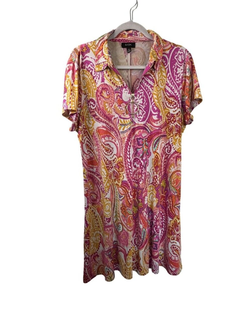 MSK Womens XL Paisley Print Short Sleeve Zip-Up Dress Pink/Yellow